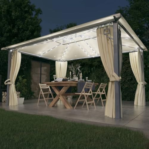 Home Items, Pavillon mit Vorhang und LED-Lichterkette, 4 x 3 m, cremefarben, Aluminium, Anzugmöbel