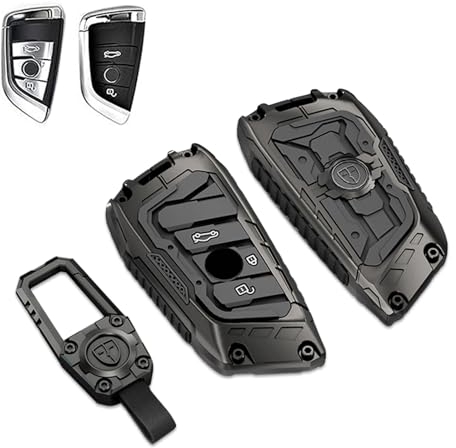 Noreyvis Schlüsselanhänger-Hülle aus Zinklegierung, Metall, Schutzzubehör, Kompatibel für BMW 1er, 2er, 3er, 4er, 5er, 6er, 7er, X1, X2, X3, X5, X6 (3 Tasten, Quadratische Schnalle, Grau)