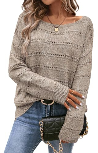 CFLHN Suéter suave de punto de ganchillo para mujer, con cuello barco, manga larga, hueco