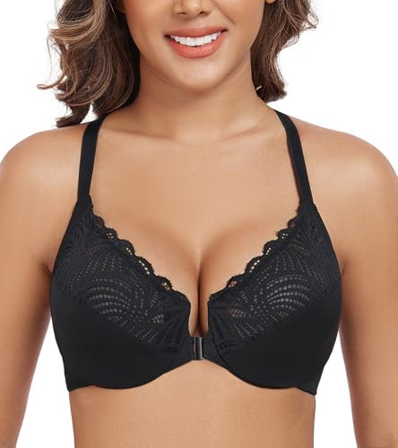 DotVol Women's Front Closure Underwire T-Back Full Figure Plus Size Unlined Seamless Bra(Black,42D)
