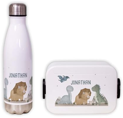 hellomini Mepal Lunch Set | Personalisiert | Mepal Brotdose Kinder & Trinkflasche 500ml | Personalisierte Brotdose & Trinkflasche Edelstahl | Geschenk zur Einschulung (Dinowelt, Box weiß)