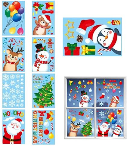 Vetrofanie natalizie per vetro,Vetrofanie natalizie,Decorazioni statiche per adesivi per finestre con Babbo Natale - Si attacca alla finestra con fiocchi di neve invernali per vetri per feste natalizi