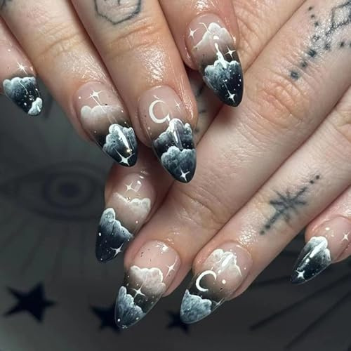 24Pcs Halloween Almond French False Nails Medium Black Night Press on Nails Full Cover Fake Nails With Star Moon Designs Acrylic Stick On Nail Removable Glue On Manicure Decoration for Women