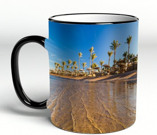YOIUE Tasse aus Keramik - Große 11oz Tassen 330ml Kaffeetassen mit Henkel, 100% Handbemalt - Trinkgläser mit Griff - Weiß,Schöner Sandstrand mit Palmen bei Sonnenuntergang Ägypten Tolles Stück