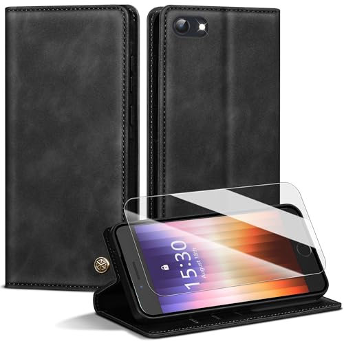 Handyhülle für iPhone SE 3/2(2022/2020) Hülle,Premium Lederhülle für iPhone 8/7 [Mit 1 Stück Panzer Schutz Glas] Magnet Kartenfach Klapphülle Schutzhülle für iPhone SE /8/7,Schwarz