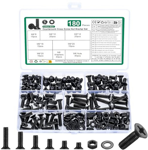 180 Pz M6 Viti Bulloni e Dadi Set, Bulloni a Testa Svasata Croce, Viti Bulloni a Testa Piatta e Dadi con Rondelle, Set di Dadi e Bulloni Viti a Testa a Croce Assortimento Kit Nera