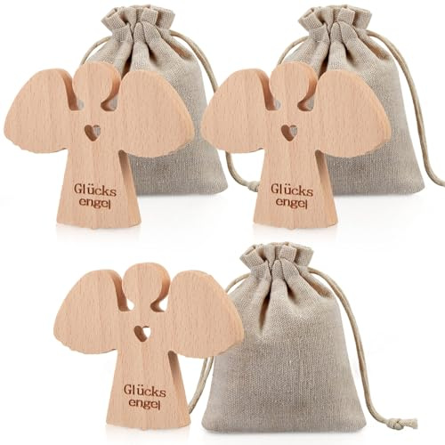 Namalu 3 Holz Schutzengel mit 3 Säckchen Glücksengel Engel Glücksbringer Holzengel mit Herz Schutzengel Figur Mutmacher Geschenk für Prüfung Taufe Firmung Kommunion Weihnachten Silvester Neujahr