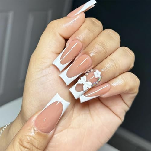 24pcs False Nails French Tip - Long Square French Flower Stick on Nails Heart Rhinestone - Press on Nails Removable Glue-on Nail - Full Cover Fake Nail Nail Art Accessories