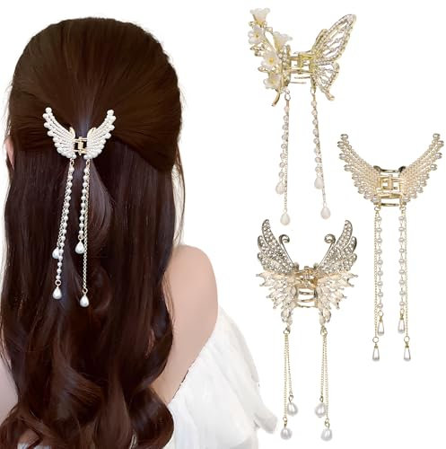 Lot de 3 pinces à cheveux en forme de papillon - En métal - Pour femme - Avec perles et strass - Accessoire de coiffure tendance - Pour fête, mariage