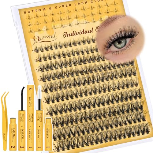QUEWEL Extension Cils avec cils inférieurs pour un look naturel Kit extension cils vaporeux Grappes 40D Fluffy de faciles à utiliser pour un maquillage des yeux charmant à la maison (Bottom&Upper02)