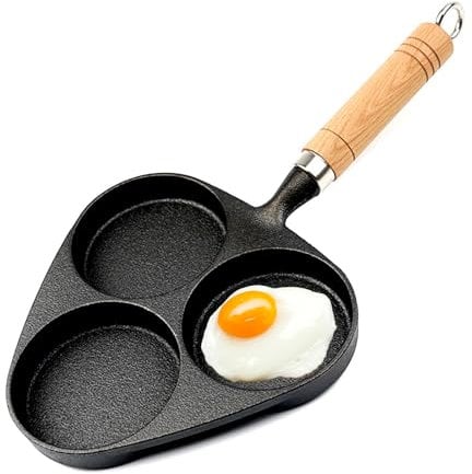 JUSTUP Egg Frying Pan, 3-in-1 Nonstick Cast Iron Egg Pan Divided Grill Pan with Wooden Handle, Mini Omelet Pan Pancake Pan Breakfast Skillet for Eggs, Bacons and Burgers (Black)