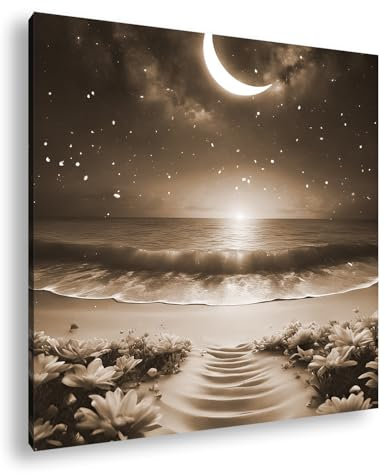 deyoli Sabbia verso il mare, sotto il cielo stellato scintillante e la mezzaluna, formato: 70 x 70 cm, effetto: Seppia XXL, stampa artistica su cornice di legno/tela/parete o decorazione soggiorno