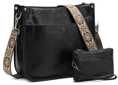 VINBAGGE Damen Handtasche Leder Henkeltasche Umhängetasche Schultertasche Shopper Tasche Mit Geldbörse Abnehmbar Breiter Gurt für Frauen - Set 2pcs Schwarz