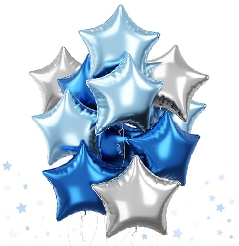 Blue Star Foil Balloons, 18 Inch Royal Blue and Silver Stars Shape Mylar Helium Balloon, 12 Pcs Large Pentagram Party Decoration for Birthday Graduation Baby Shower