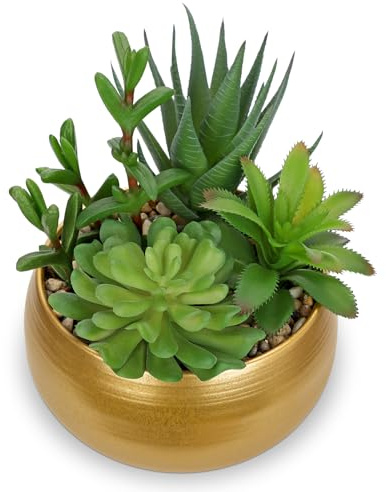 Künstliche Sukkulenten im Topf aus Metall Gold Kunst Sukkulenten Deko | Arborus 18 CM Künstliche Pflanzen Zimmerpflanze Klein Tisch Regal Fensterbank Deko im Wohnzimmer Schlafzimmer Badezimmer Büro