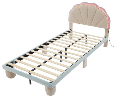 Idemon Polsterbett mit mehrfarbigen, wechselnden Lichtstreifen, Kopfteil mit Wellenschliff, mit gepolsterter runden Beine, Kinderbett mit Holzlatten, Einzelbett, Samt, Beige+Blau, 90x200cm