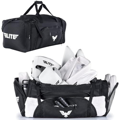 Elite Sports Monster MMA Duffel Bag – Large 44L Cordura Sports Bag w/Mesh Shoe Compartment & Adjustable Strap – MMA, BJJ, Martial Arts Gear – Fits Gi, Headgear, Shin Guards, Rash Guards & More