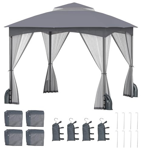 COSTWAY 3m x 3m/3.6m x 3m Garden Gazebo, Double Roof Patio Pavilion Tent with Netting Sidewalls and 4 Sandbags, Heavy Duty Waterproof Marquee Canopy Shelter (Gray, 296 x 296 x 274 cm)