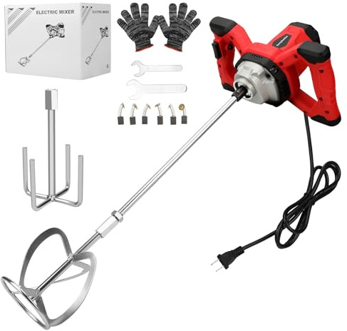Concrete Cement Electric Mixer Machine 3100W with 6 Adjustable Speed, Handheld Electric Cement Mixer for Drill for Mixing Mud, Cement, Mortar, Paint, Fodder, Red