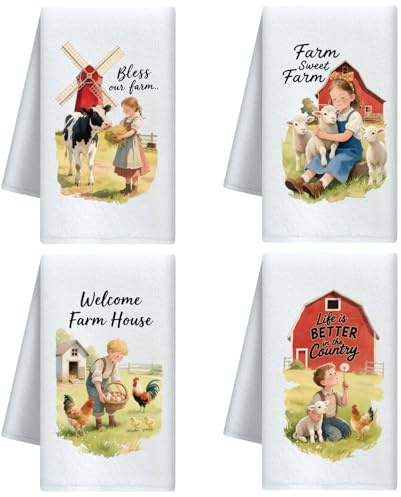 CUTHOLLOW 4er-Set Geschirrtücher mit Bauernhof Motiv - Weich & Saugfähig | - Landhausstil Deko Geschirrtuch 60x40 cm, Trockentücher Microfaser für Küche, Kaffee, Bar, Zuhause, Neues Geschenk