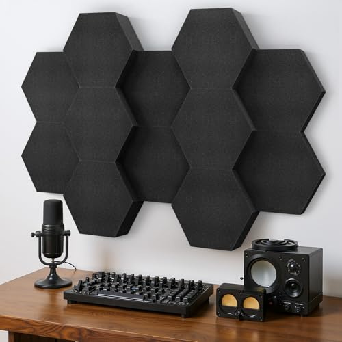 Kuchoow Akustikschaumstoff Schallabsorber Akustikplatten Wand, 12 Stück 3D Hexagon Akustik Schaumstoffplatten Schaumstoff für Studio, Gaming, Zimmer, Akustische Behandlung 4cm & 7cm Dicke, Aufkleber