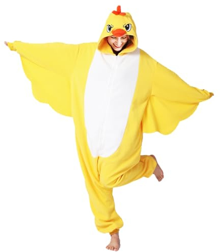 YUTCOTC Gelber Enten-Einteiler für Erwachsene, Unisex, Gelbes Entenkostüm, Gelber Enten-Schlafanzug, Tier-Einteiler für Halloween und Weihnachten, Tier-Einteiler für Rollenspiele