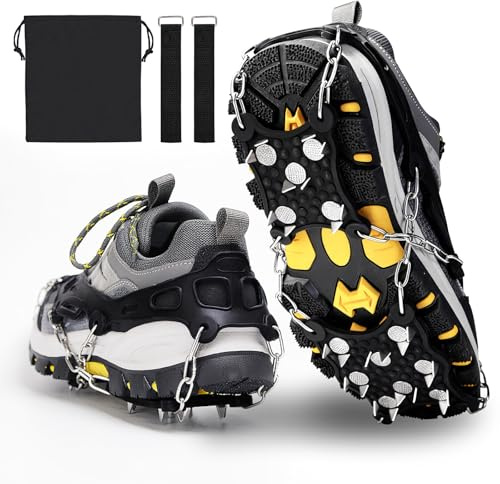 Grödel Steigeisen für Bergschuhe-Steigeisen für Wanderschuhe mit 26 Edelstahl Spikes, Spikes für Schuhe Winter, Grödel für Wanderschuhe, Schuhspike für Walking, Joggen, Klettern, Wandern (Schwarz, M)