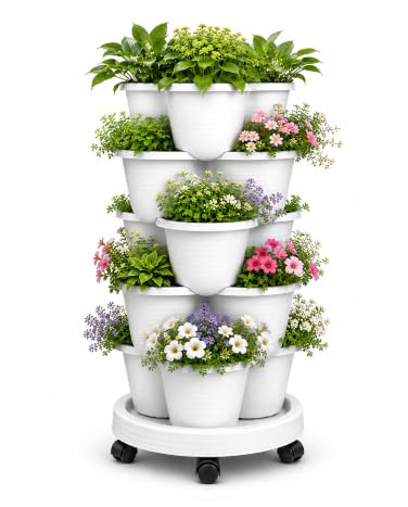 Bamworld Pflanzturm mit 5 Stapelbaren Etagen, Vertical Garden für Erdbeeren, Kräuter & Gemüse, Platzsparend bis 10 Pflanzen, Weiß