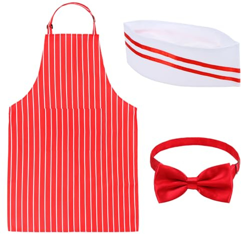 Capaneus 3 Pcs Schürze Und Kochmütze Set,Popcorn Kostüm,Schürze Popcorn,Kellner Kostüm im 50er Jahre Stil,Kochschürze Set mit Taschen Rot Und Weiß Gestreift Für Karneval Zirkus Cosplay Party