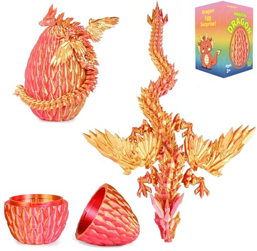 Shangkanlan 3D Drache im Ei – Voll Artikulierter Kristall-Drachenfigur, Goldener Dekor für Schreibtisch & Sammler, Ostern & Weihnachten (Red Gold)