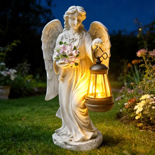 GOMETY Solar Engel Gartenstatuen, Schutzengel-Figur mit LED Solar Laterne, Grablicht Outdoor-Deko, Engel Skulptur Deko Rasen, LED Fairy Engels Figur für Garten Rasen Hof Terrasse Fensterbank