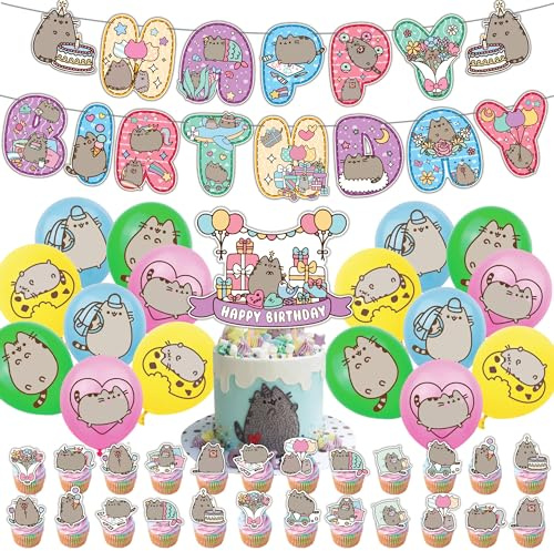 CartoonPusheen Birthday Party Decorations Supplies: Banner, Balloons, Cake Toppers Cupcake Toppers, Ribbon