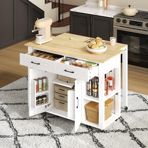 Merax Isla de cocina con encimera plegable, carrito de cocina móvil con 2 puertas, 2 cajones, barra de bar de 110 x 27 cm y enchufes integrados mejorados, 120 x 77 x 93 cm, color blanco