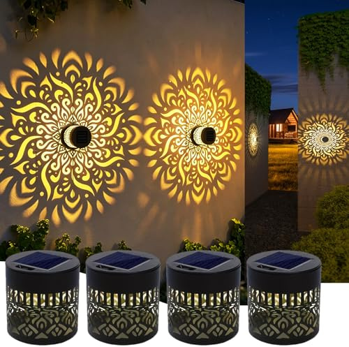 Mandala Solar Laternen für Draußen, Warmes Licht Wetterfest Solar Wandleuchten mit Befestigungsschrauben, Zaunleuchten Terassen Gartendeko Stehend Outdoor Lampions für Terrasse Rasen Balkon (4 Stück)