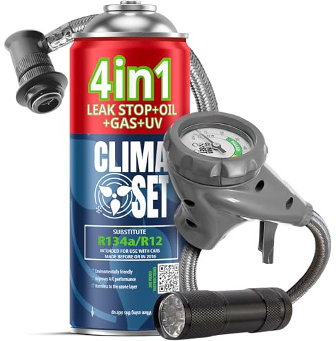 CLIMASET - Klimaanlage Auto Befüllen - Klima Auffüllen Auto Set - 4in1 R134a + Schlauch + Taschenlampe - für Fahrzeuge 1994–2016, mit Modernem Schlauch & Manometer, Einfaches Nachfüllen