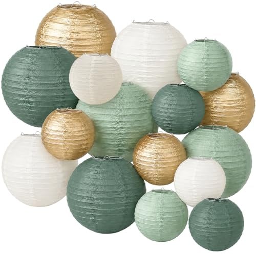 OLANRUN Geburtstagsdeko, 16 Pcs Papier Lampions 3 Größen 25/20/15cm Lampion Bunt, Salbeigrün, Elfenbeinweiß，Gold für Geburtstagsdeko Hochzeitsdekorationen Einschulung Taufe Garten Party Deko