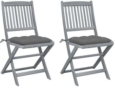 Fecpoo Lot de 2 chaises de jardin pliantes avec coussin d'assise - Bois d'acacia massif laqué gris - 44 x 50 x 88 cm - Pour extérieur et repas en plein air