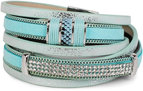 styleBREAKER Vintage Wickelarmband mit Strass, Gliederkette und Magnetverschluss, 3-Reihig, Armband, Damen 05040024, Farbe:Antik-Hellblau
