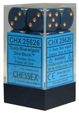 Chessex Opaque 16mm d6 with pips Dice Blocks (12 Dice) - Dusty Blue w/Gold