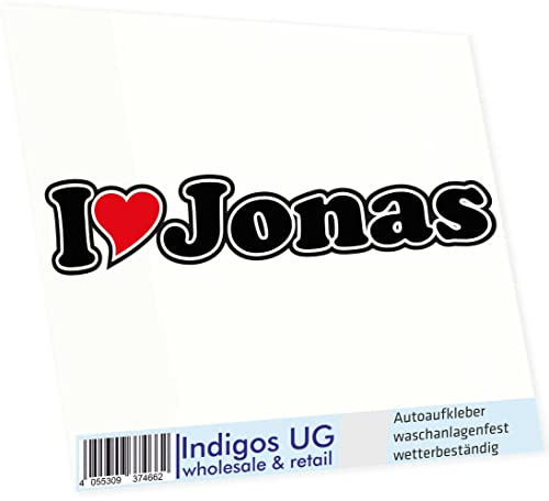 INDIGOS UG Auto Aufkleber I Love Jonas 15 cm - Autoaufkleber - KFZ Sticker selbstklebend - für Motorrad, Fenster oder Heckscheibe - wetterfest & UV-beständig Sticker mit Namen von Mann Frau Kind