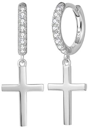 FANCIME 925 Sterling Silber mit Weiß Gold Plattiert Creolen Ohrringe Hängend Klein Ohrhänger mit Hochglanzpoliert Funkelnde Kreuz Anhänger Geschenk für Damen Mädchen Kinder - Größe: 30 * 10 mm