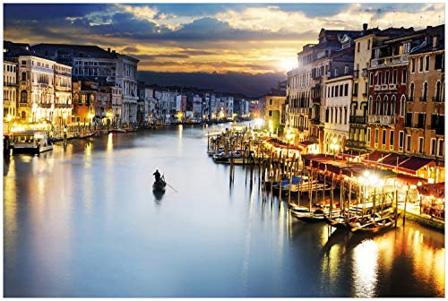 Wallario Glasbild Canal Grande in Venedig am Abend mit untergehender Sonne - 60 x 90 cm Wandbilder Glas in Premium-Qualität: Brillante Farben, freischwebende Optik