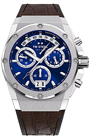 TW Steel ACE Genesis Herren 44mm Quarzuhr mit blauem Zifferblatt braunem Leder auf Kautschukband und Tag/Datumskalender ACE111