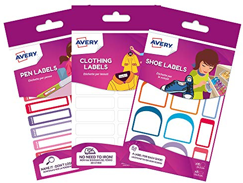 Avery Schulnamenetiketten, Vorteilspack, 36 x Kleidungsetiketten (bügelfrei), 24 x widerstandsfähige Schuhetiketten, 30 x Schreibwaren- und Stiftetiketten, Schulpaket 2