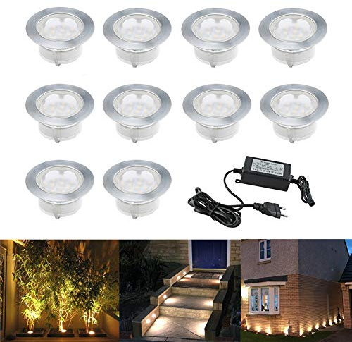 CHNXU Treppen Bodeneinbaustrahler 10er Set, IP67 Wasserdicht Terrassen Einbaustrahler Ø60mm Aussen LED Bodeneinbauleuchten, DC 12V 1.5W Terassen Küche Garten LED Einbaustrahler, Warmes Weiß