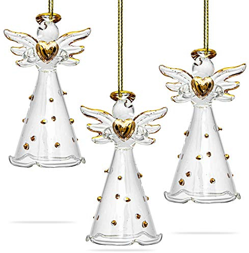 SIKORA BS269 Engel mit Herz und goldenen Punkten Christbaumschmuck Glas Figur Weihnachtsbaum Anhänger 3er Set, Farbe:3er Set