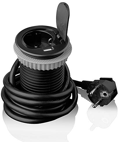 Enchufe retráctil 1 x Schuko + USB para cocina, oficina, muebles, escritorio. Enchufe empotrable con cable de 1,8 m, 230 V CA, IP20, color negro, plateado, máx. 3600 W, 2,4 A