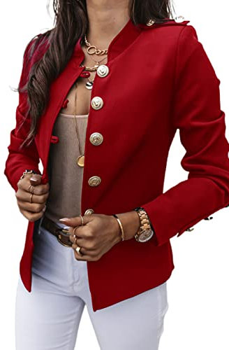 Freenfitmall Blazer à manches longues pour femme, costume d'affaires de bureau, veste longue ouverte sur le devant, taille XXL, Rouge, S