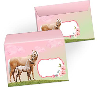 Umschläge mit Kindermotiv Pferd mit Fohlen Pferde für Einladungskarten Gutscheine Geldgeschenke DIN C6 für Mädchen (15 Umschläge/selbstklebend mit Abziehstreifen)