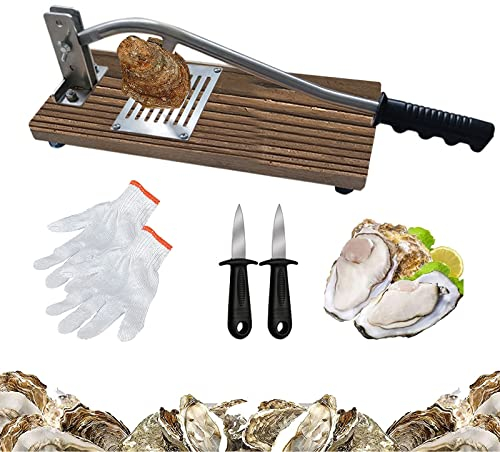 NEYOMID Austernöffner Holz,Einstellbares Austernöffner Set Aus Edelstahl,Korrosionsbeständiger Muschel Austern Schuh,1 Austern Schuh,2 Austernmesser,1 Paar Handschuh Set,Keine Verletzte Austernschale